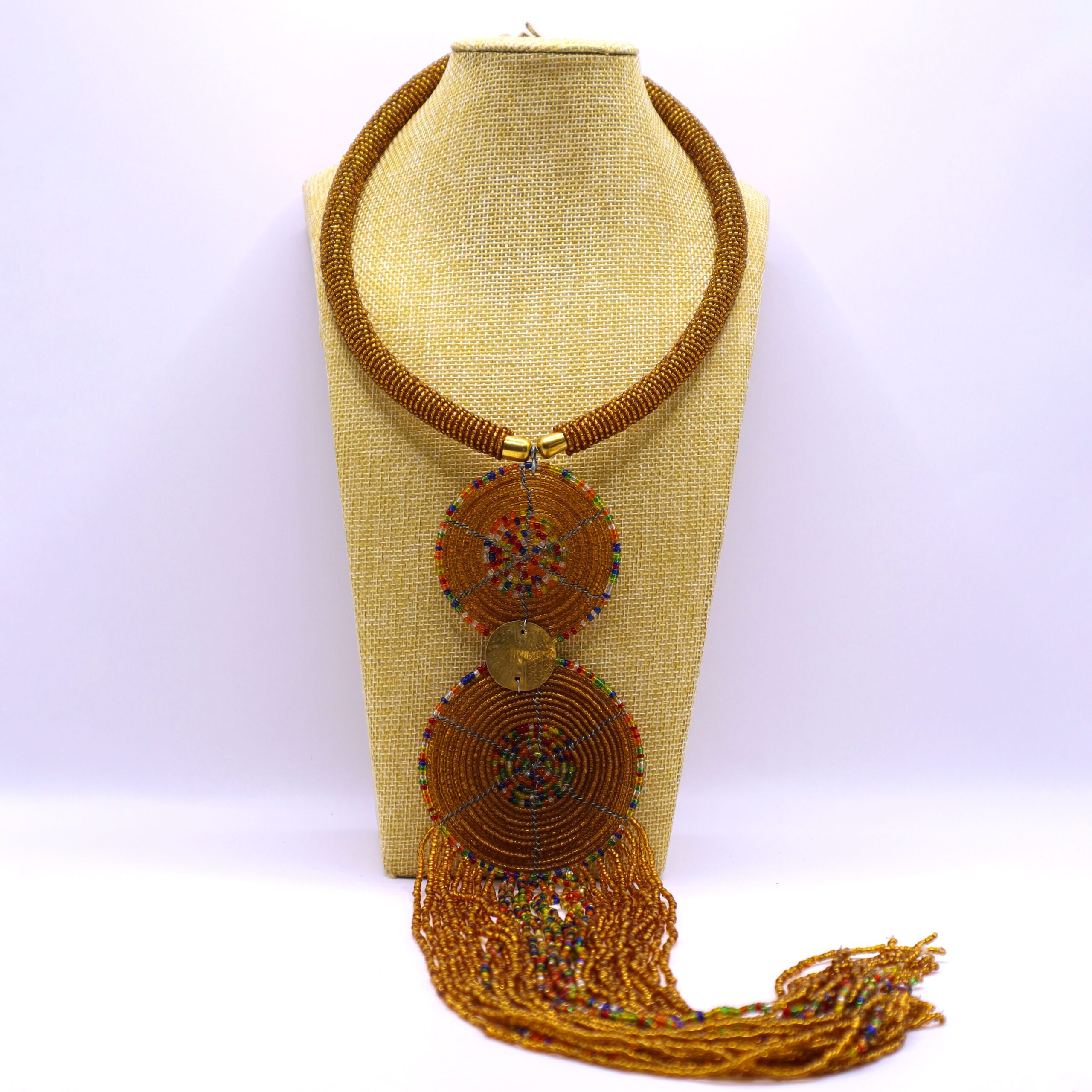 Second image of African beaded brass plate long fringe pendant necklace.