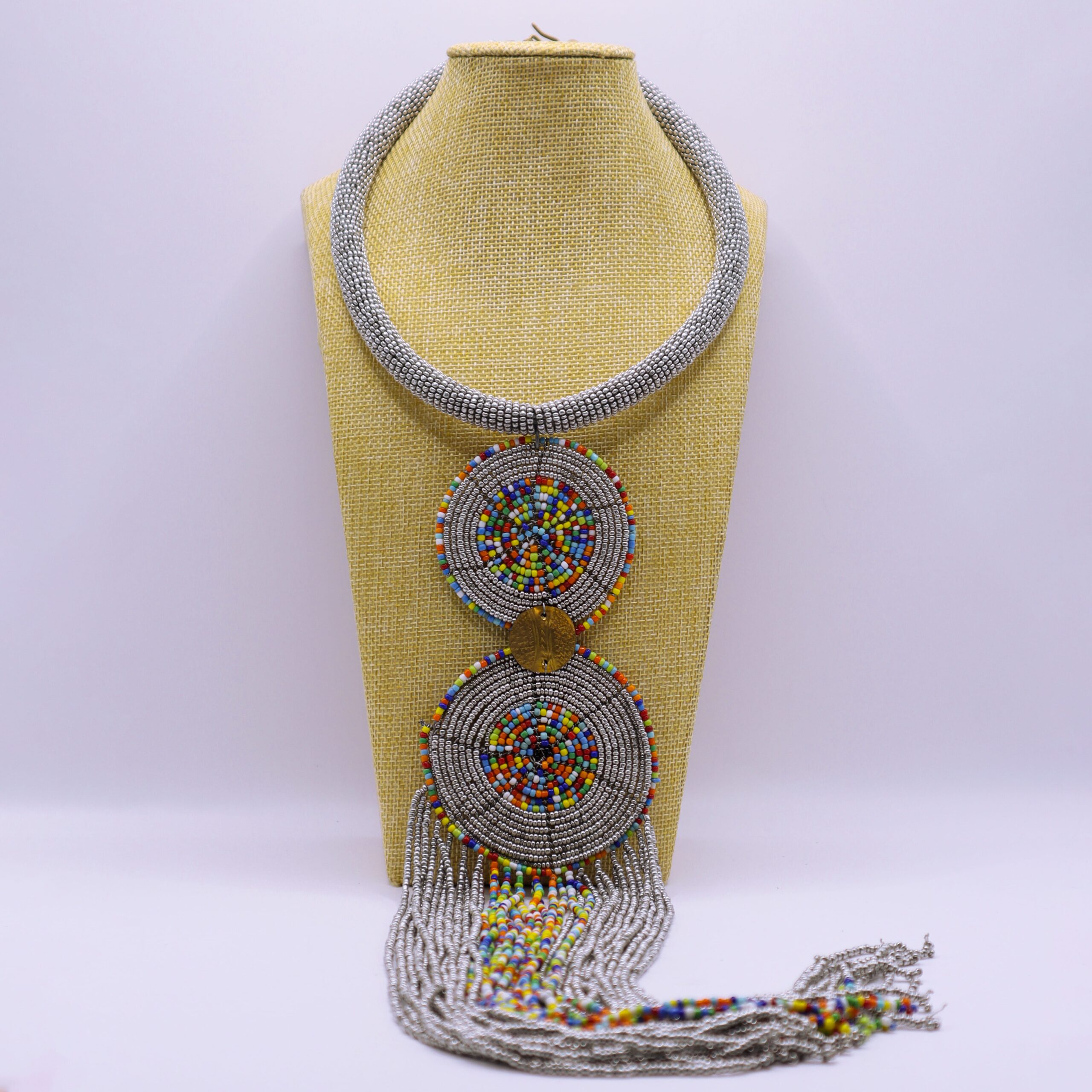 African beaded brass plate long fringe pendant necklace.
