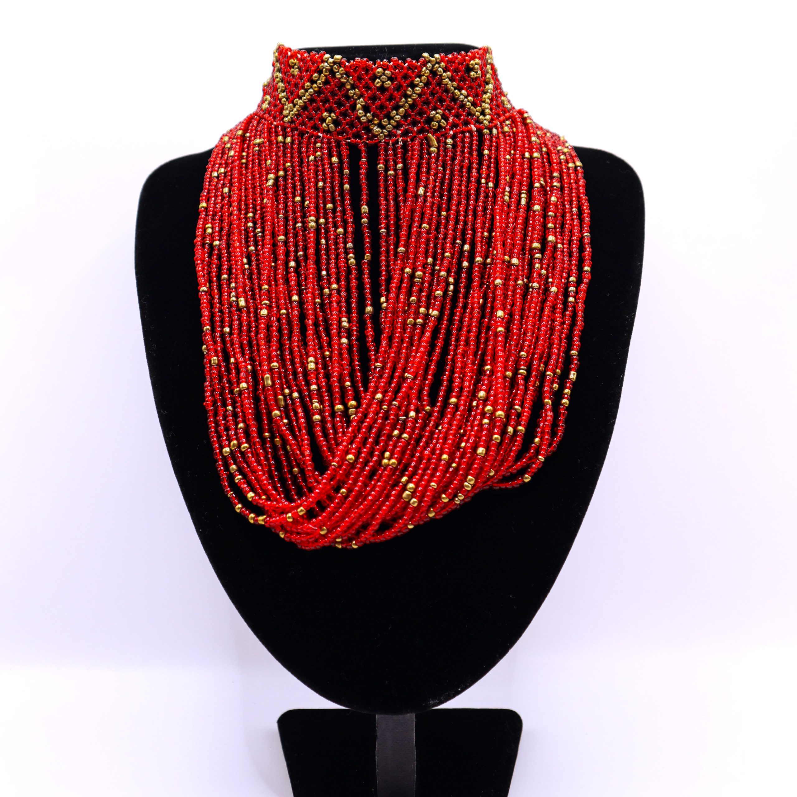 Second image of African inspired short round fringe beaded choker necklace