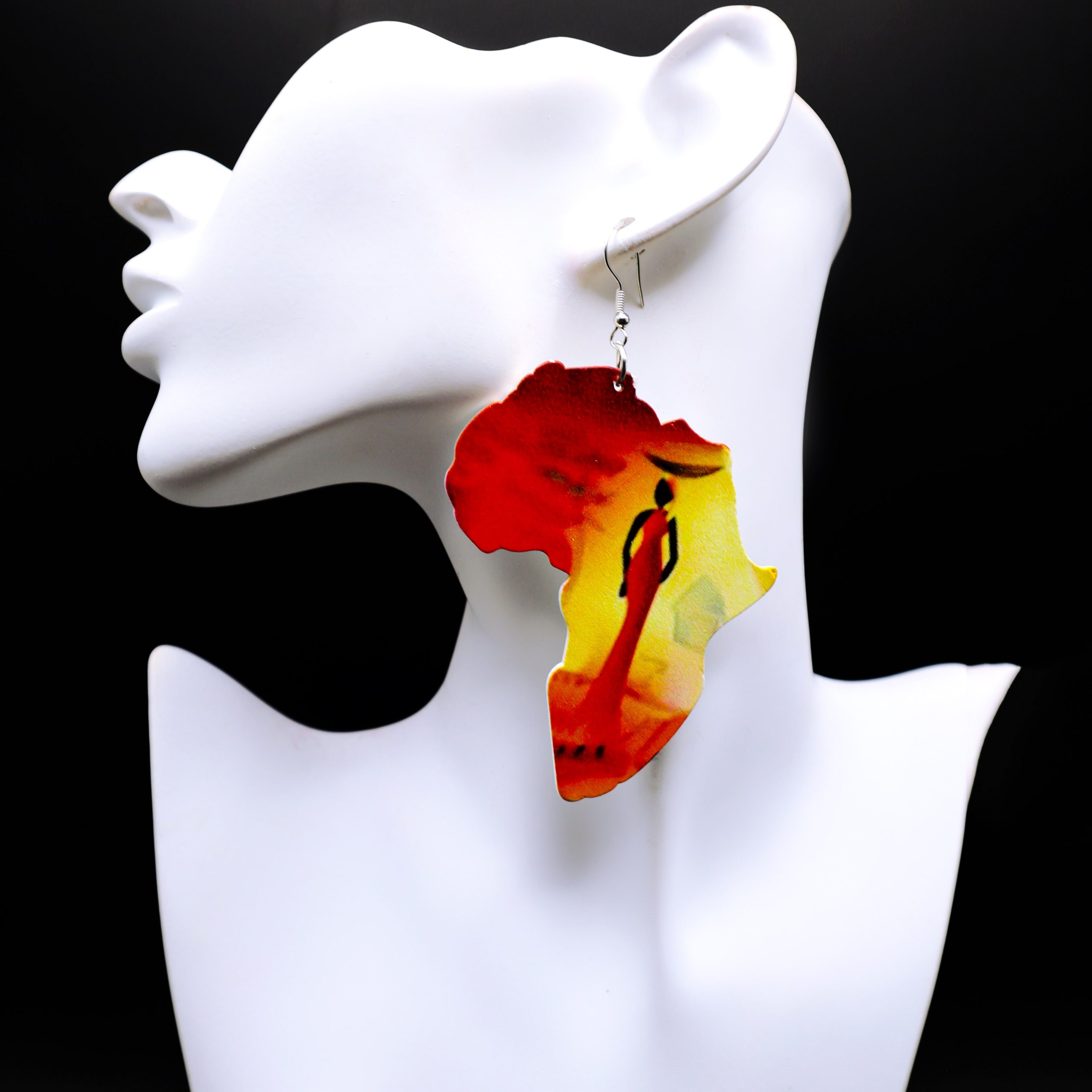 Second image of African map shaped painted wood earrings