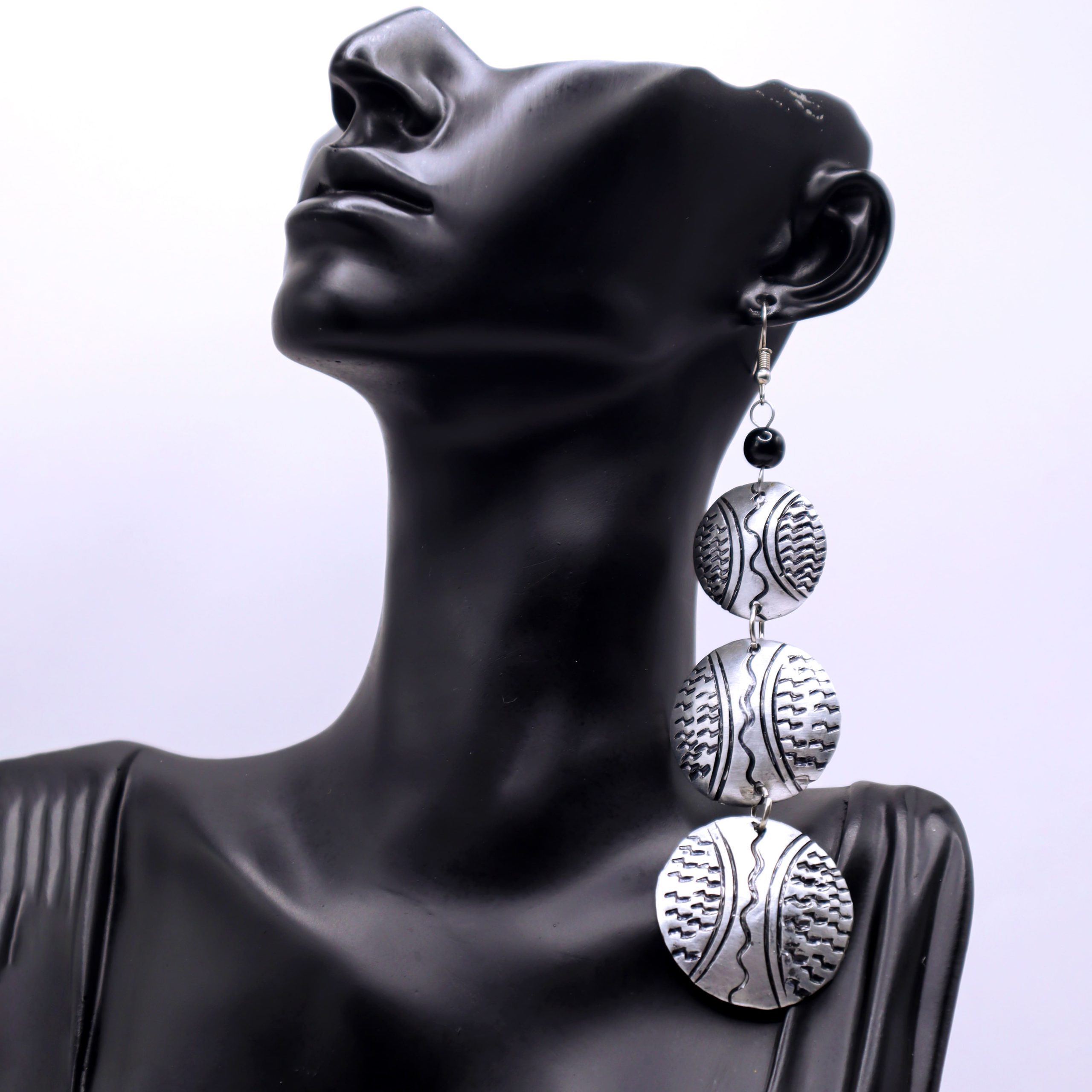 African inspired aluminum 3 tiered tribal engraved earrings